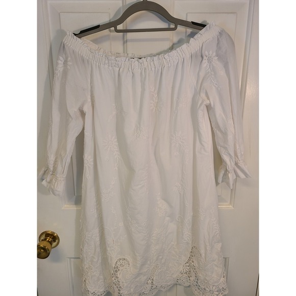 Ambercrombie Dress Womens Sz Sm White Off Shoulder Floral Embroidery Peasant - Picture 3 of 8